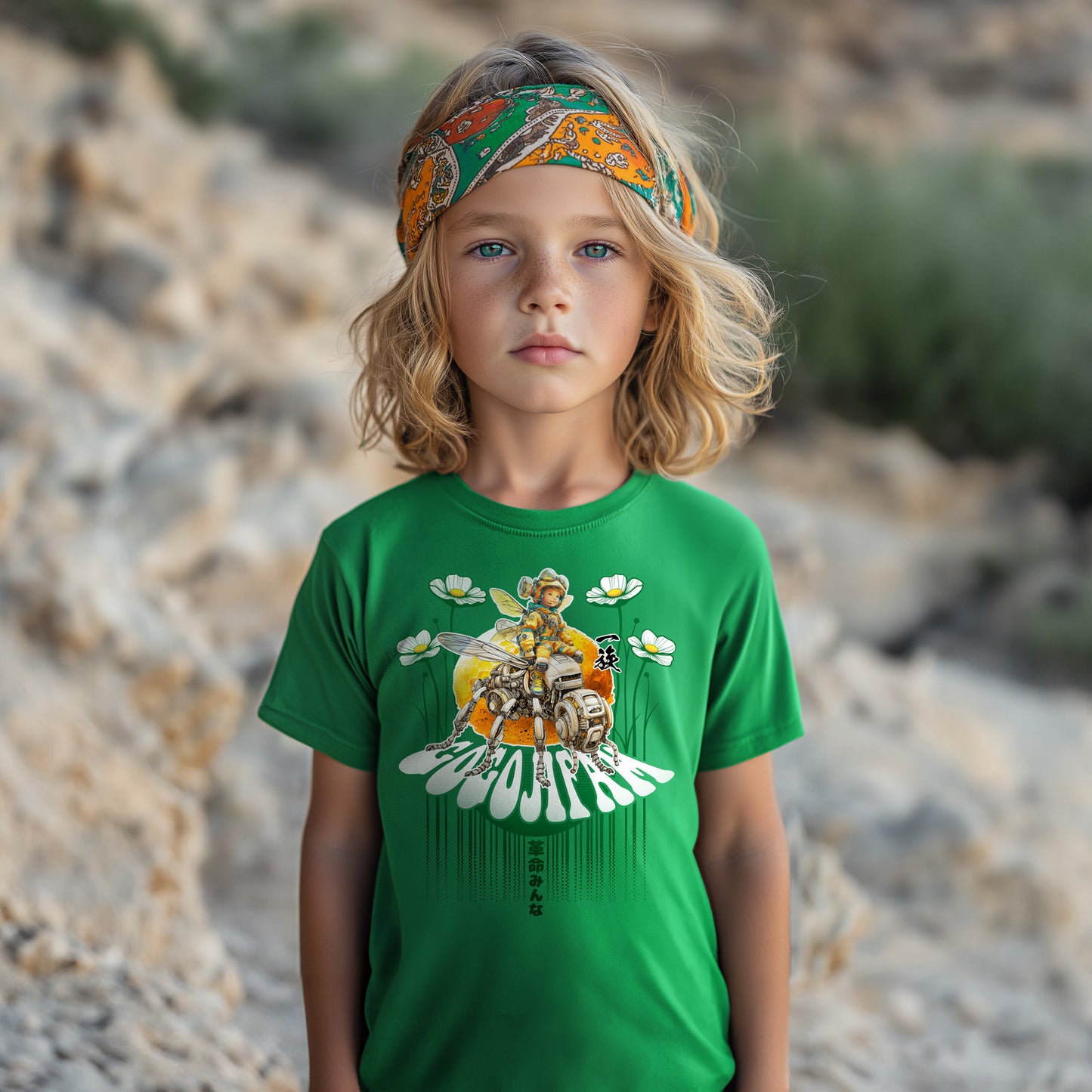 Grünes T-Shirt für Kids von GOGOJIFAM mit dem Motiv ARCHY: Das Wunderkind Archimedes der Däumling sitzt in Pilotenmontur auf einer Robo-Biene. Das ausdrucksstarke Design im Manga-Stil betont die notwendige Allianz zwischen Mensch Tier und Maschine, um den Kampf für gefährdete Arten aufzunehmen und ein kraftvolles Zeichen für Umweltbewusstsein und Tierschutz zu setzen.