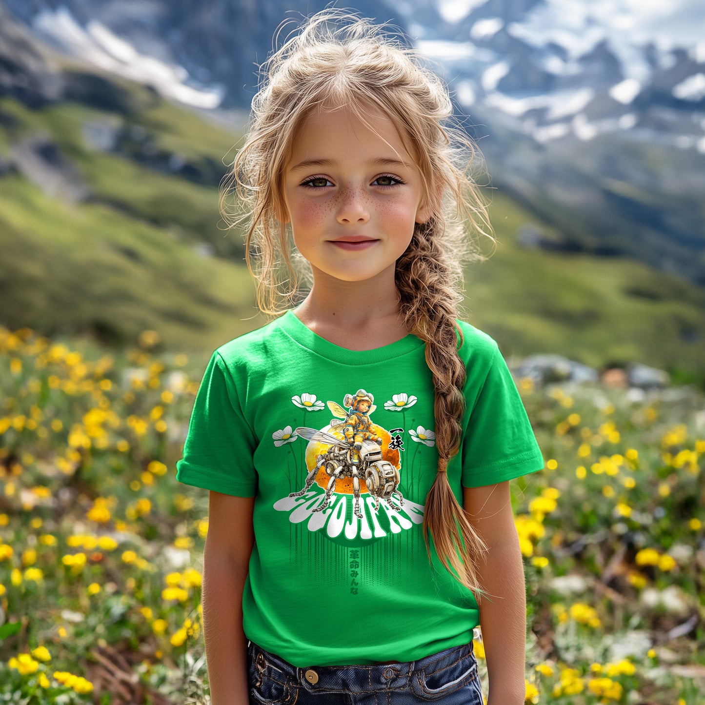 Grünes T-Shirt für Kids von GOGOJIFAM mit dem Motiv ARCHY: Das Wunderkind Archimedes der Däumling sitzt in Pilotenmontur auf einer Robo-Biene. Das ausdrucksstarke Design im Manga-Stil betont die notwendige Allianz zwischen Mensch Tier und Maschine, um den Kampf für gefährdete Arten aufzunehmen und ein kraftvolles Zeichen für Umweltbewusstsein und Tierschutz zu setzen.
