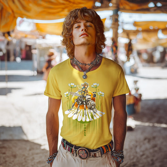 Gelbes T-Shirt von GOGOJIFAM mit dem Motiv ARCHY: Das Wunderkind Archimedes der Däumling sitzt in Pilotenmontur auf einer Robo-Biene. Das ausdrucksstarke Design im Manga-Stil betont die notwendige Allianz zwischen Mensch Tier und Maschine, um den Kampf für gefährdete Arten aufzunehmen und ein kraftvolles Zeichen für Umweltbewusstsein und Tierschutz zu setzen.