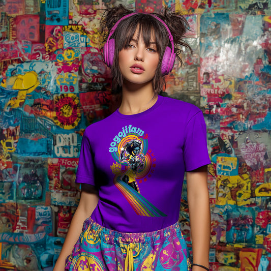 Lila T-Shirt von GOGOJIFAM mit dem Motiv BLACK PANTHY: Ein kraftvolles Panther Girl mit Afro, 70s-Vibe und Kung-Fu-Pose, umgeben von einer dynamischen Regenbogengrafik. Das ausdrucksstarke Comic-Design steht für Widerstand, Haltung und Kreativität im Kampf für Tier- und Umweltschutz. Ein visuelles Statement gegen das Vergessen und die Korruption, die diese Missstände am Leben hält.