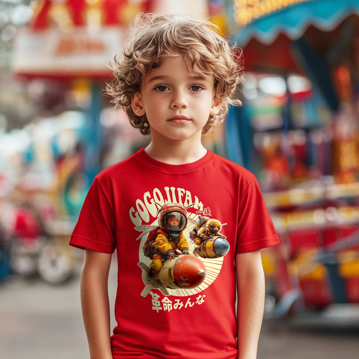 Rotes T-Shirt für Kids von GOGOJIFAM mit dem Motiv BOMBER BEE: Ein Däumling-Kind und eine Biene in Pilotenmontur reiten nebeneinander auf fliegenden Bomben. Das ausdrucksstarke Design im Manga-Stil betont die notwendige Allianz zwischen Mensch und Tier, um den Kampf für gefährdete Arten aufzunehmen und ein kraftvolles Zeichen für Umweltbewusstsein und Tierschutz zu setzen.