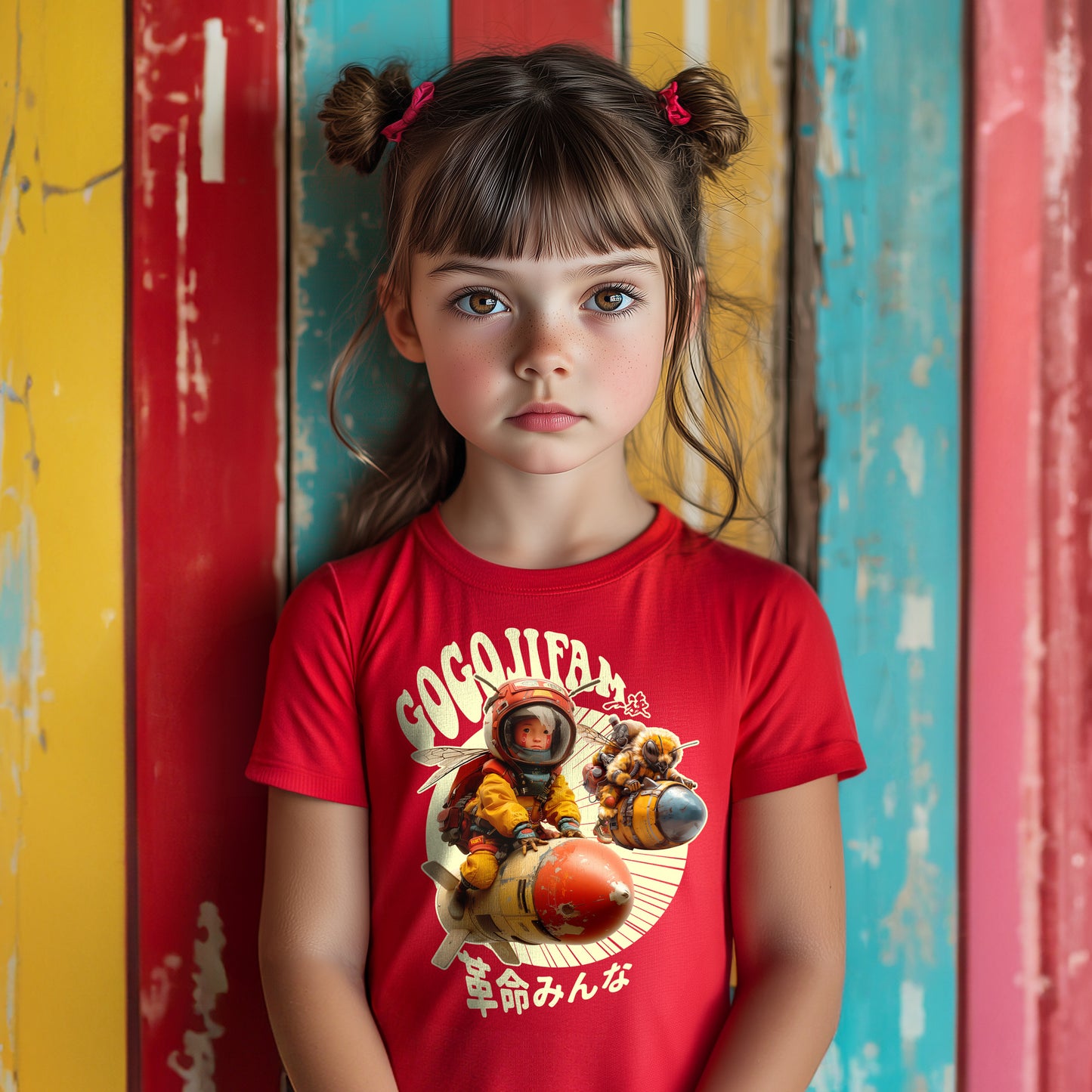 Rotes T-Shirt für Kids von GOGOJIFAM mit dem Motiv BOMBER BEE: Ein Däumling-Kind und eine Biene in Pilotenmontur reiten nebeneinander auf fliegenden Bomben. Das ausdrucksstarke Design im Manga-Stil betont die notwendige Allianz zwischen Mensch und Tier, um den Kampf für gefährdete Arten aufzunehmen und ein kraftvolles Zeichen für Umweltbewusstsein und Tierschutz zu setzen.