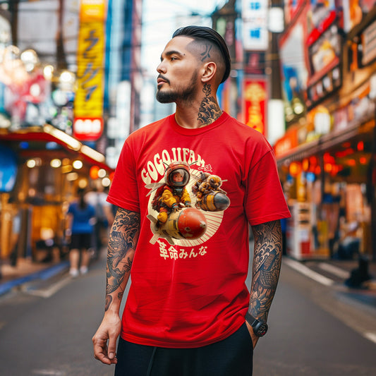Rotes T-Shirt von GOGOJIFAM mit dem Motiv BOMBER BEE: Ein Däumling-Kind und eine Biene in Pilotenmontur reiten nebeneinander auf fliegenden Bomben. Das ausdrucksstarke Design im Manga-Stil betont die notwendige Allianz zwischen Mensch und Tier, um den Kampf für gefährdete Arten aufzunehmen und ein kraftvolles Zeichen für Umweltbewusstsein und Tierschutz zu setzen.