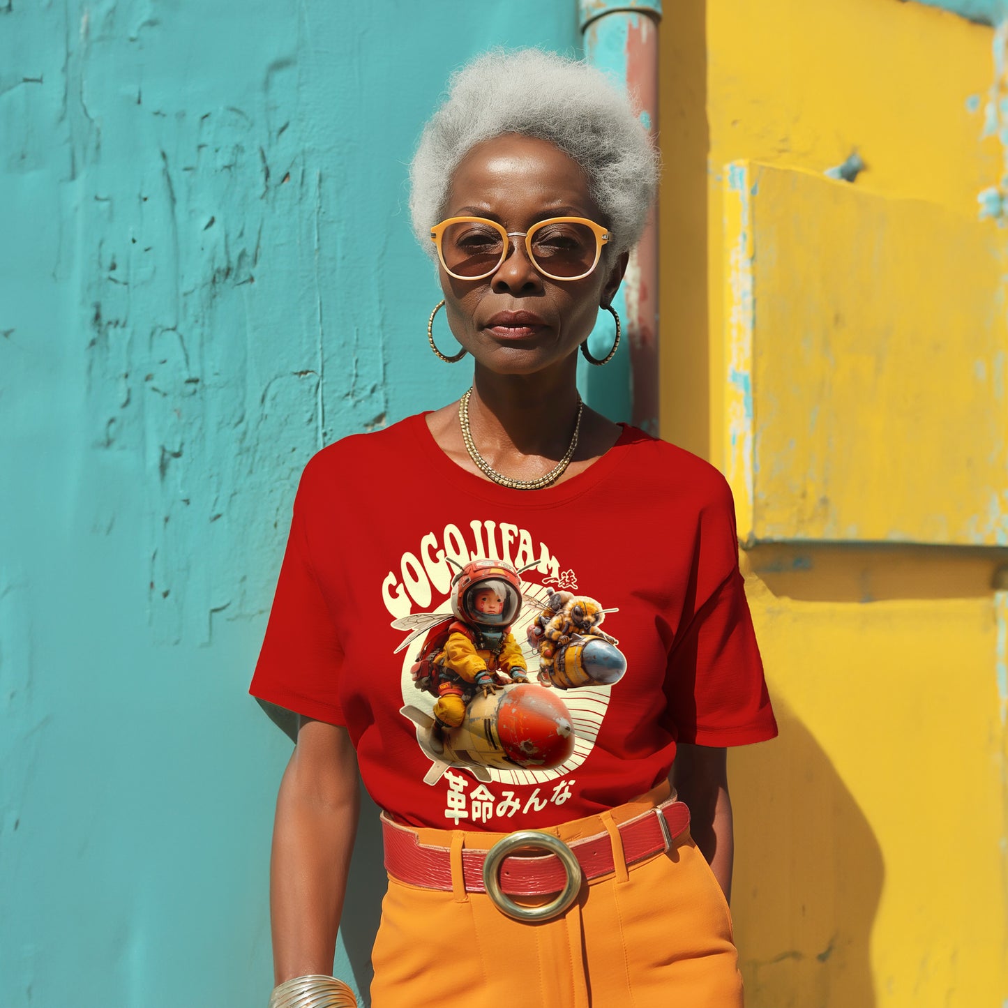 Rotes T-Shirt von GOGOJIFAM mit dem Motiv BOMBER BEE: Ein Däumling-Kind und eine Biene in Pilotenmontur reiten nebeneinander auf fliegenden Bomben. Das ausdrucksstarke Design im Manga-Stil betont die notwendige Allianz zwischen Mensch und Tier, um den Kampf für gefährdete Arten aufzunehmen und ein kraftvolles Zeichen für Umweltbewusstsein und Tierschutz zu setzen.