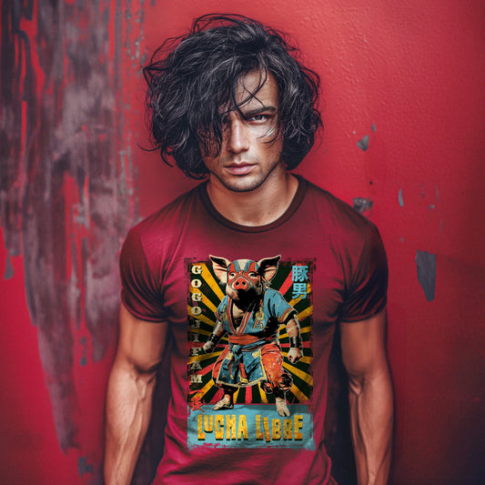 Kardinalrotes T-Shirt von GOGOJIFAM mit dem Motiv WRESTLER “THE PIGMAN“: Ein Wrestling-Schwein im realistischen Manga-Stil trägt einen farbigen Kimono und eine und Lucha Libre Maske. Entschlossen und kampfbereit verkörpert er den Widerstand der Tiere gegen ihre Bedrohung. Das fantasievolle Design setzt ein kreatives Zeichen für Umwelt- und Tierschutz und macht auf den Kampf der Tiere um ihre Existenz aufmerksam.