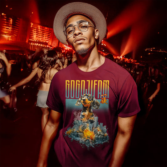 Kastanienbraunes T-Shirt von GOGOJIFAM mit dem Motiv DACHSHUND: Ein riesiger, niedlicher Dackel im realistischen Comic-Stil zerstört eine Großstadt. Das witzige Design steht sinnbildlich für den Ausgleich der Natur im Existenzkampf der Tiere und setzt ein kreatives Zeichen für Umwelt- und Tierschutz.