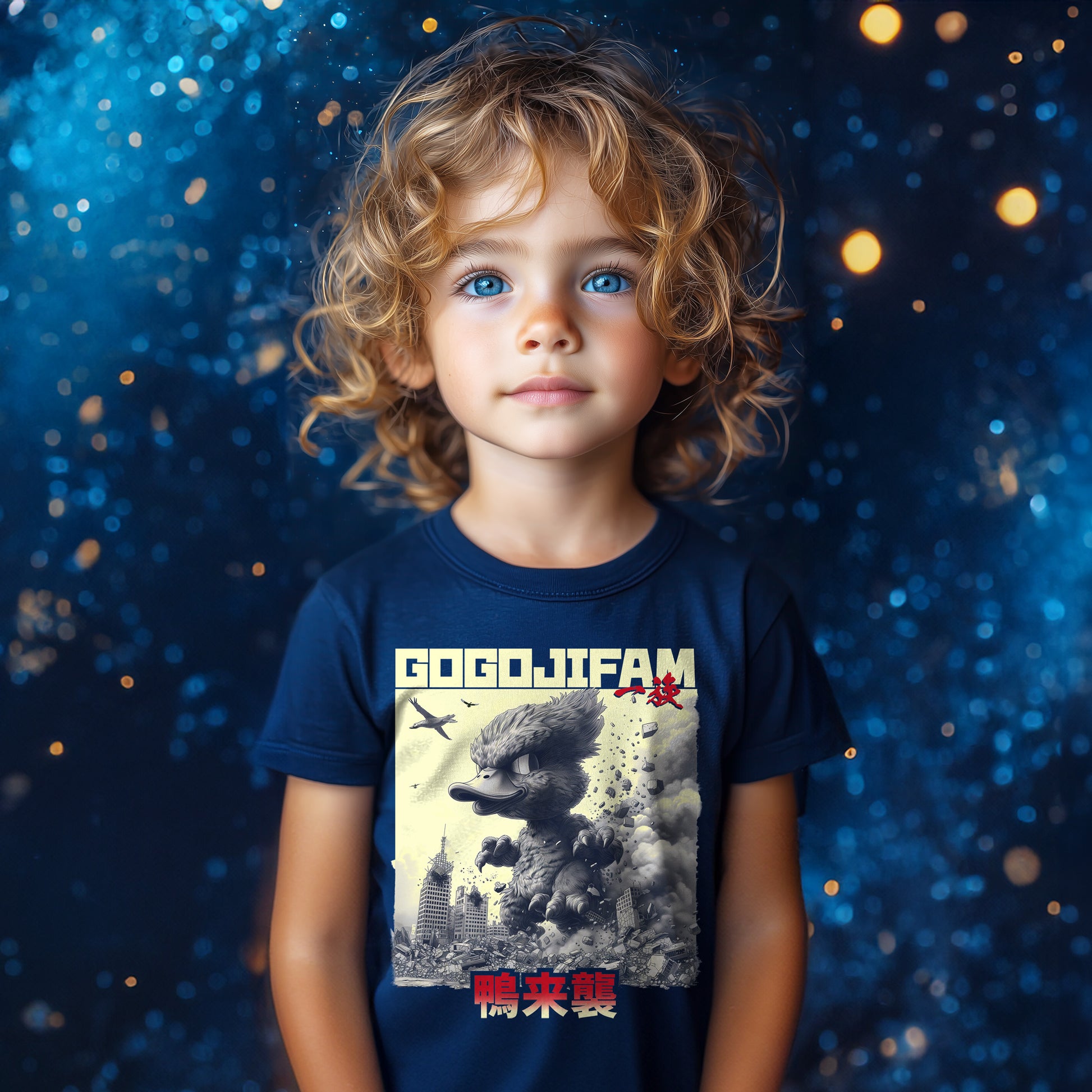 Navy blaues T-Shirt für Kids von GOGOJIFAM mit dem Motiv DUCK ATTACK: Eine riesige, niedliche Ente im realistischen Manga-Stil stampft durch eine Großstadt. Das kraftvolle Design steht sinnbildlich für den Kampf der Tiere um ihre Existenz und setzt ein kreatives Zeichen für Umwelt- und Tierschutz.