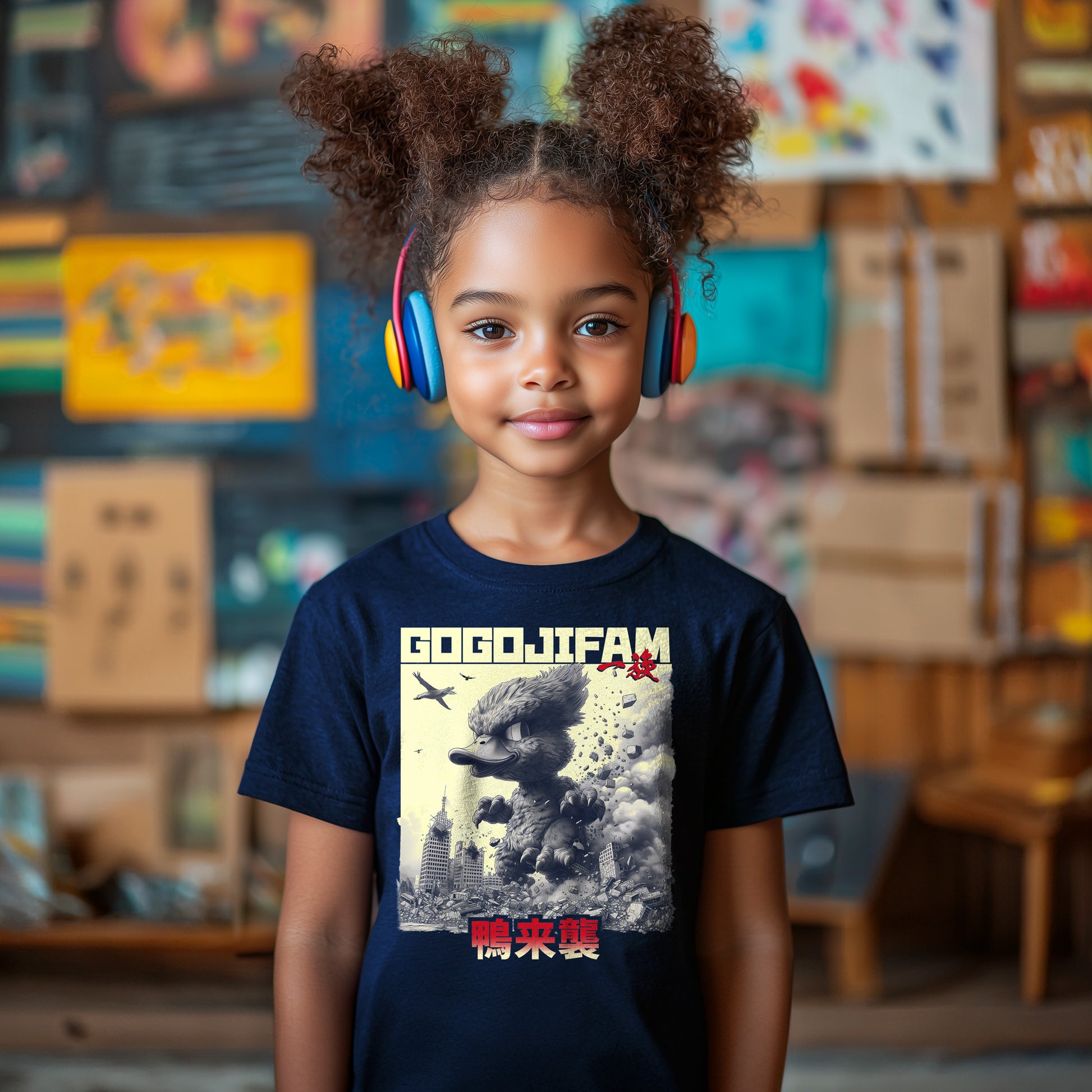 Navy blaues T-Shirt für Kids von GOGOJIFAM mit dem Motiv DUCK ATTACK: Eine riesige, niedliche Ente im realistischen Manga-Stil stampft durch eine Großstadt. Das kraftvolle Design steht sinnbildlich für den Kampf der Tiere um ihre Existenz und setzt ein kreatives Zeichen für Umwelt- und Tierschutz.