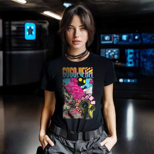 Schwarzes T-Shirt von GOGOJIFAM mit dem Motiv KINKAT: Eine riesige, schwarze Katze mit leuchtenden Augen, im cartoonigen Manga-Stil gehalten, stampft eingehüllt in einer rosa Wolke durch die Straßen. Im Vordergrund heult eine Sirene und warnt vor dem Angriff aus der Kuscheldimension. Das witzige Design steht steht für den Aufstand der Tiere, die sich in ihrer Existenz nicht länger unterdrücken lassen wollen. Auch das Kuschelige kann zurückschlagen.