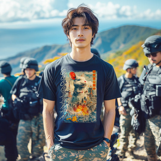 Navy blaues T-Shirt von GOGOJIFAM mit dem Motiv LAB MOUSE: Frisch aus dem Labor ausgebrochen stampft eine mutierte Riesenmaus durch Tokyo. Das kraftvolle, im realistischen Manga-Stil gehaltene Design steht sinnbildlich für den Kampf der Tiere um ihre Existenz und setzt ein kreatives Zeichen für Umwelt- und Tierschutz.