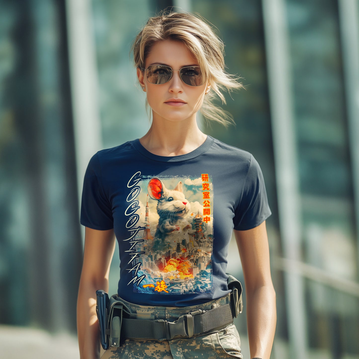 Navy blaues T-Shirt von GOGOJIFAM mit dem Motiv LAB MOUSE: Frisch aus dem Labor ausgebrochen stampft eine mutierte Riesenmaus durch Tokyo. Das kraftvolle, im realistischen Manga-Stil gehaltene Design steht sinnbildlich für den Kampf der Tiere um ihre Existenz und setzt ein kreatives Zeichen für Umwelt- und Tierschutz.