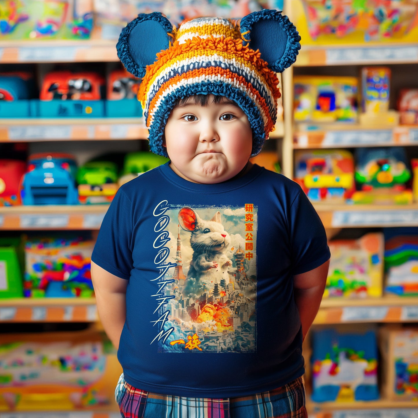 Navy blaues T-Shirt für Kids von GOGOJIFAM mit dem Motiv LAB MOUSE: Frisch aus dem Labor ausgebrochen stampft eine mutierte Riesenmaus durch Tokyo. Das kraftvolle, im realistischen Manga-Stil gehaltene Design steht sinnbildlich für den Kampf der Tiere um ihre Existenz und setzt ein kreatives Zeichen für Umwelt- und Tierschutz.