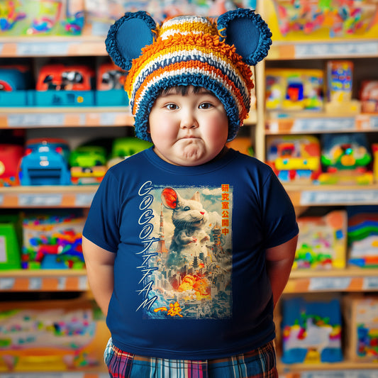 Navy blaues T-Shirt für Kids von GOGOJIFAM mit dem Motiv LAB MOUSE: Frisch aus dem Labor ausgebrochen stampft eine mutierte Riesenmaus durch Tokyo. Das kraftvolle, im realistischen Manga-Stil gehaltene Design steht sinnbildlich für den Kampf der Tiere um ihre Existenz und setzt ein kreatives Zeichen für Umwelt- und Tierschutz.