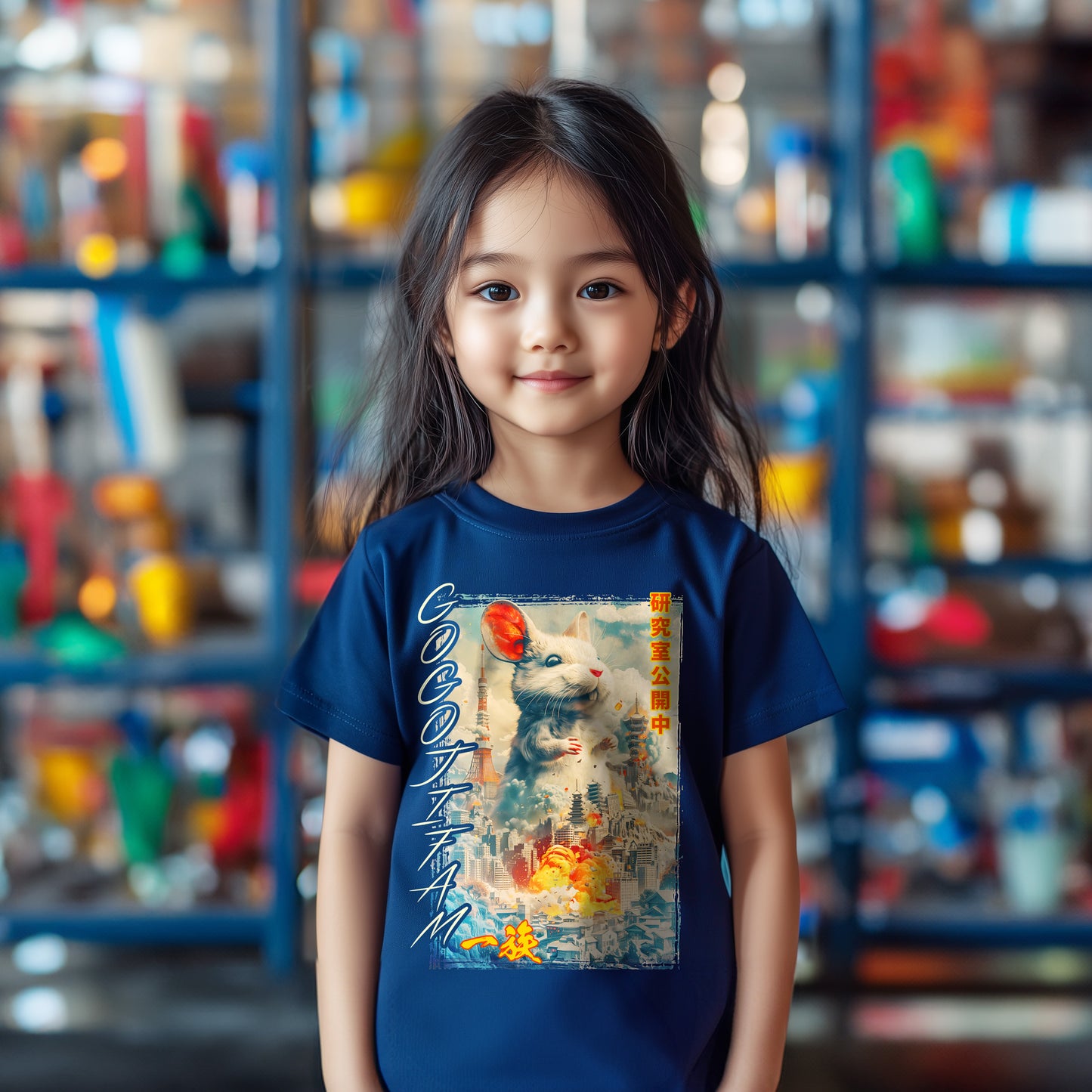 Navy blaues T-Shirt für Kids von GOGOJIFAM mit dem Motiv LAB MOUSE: Frisch aus dem Labor ausgebrochen stampft eine mutierte Riesenmaus durch Tokyo. Das kraftvolle, im realistischen Manga-Stil gehaltene Design steht sinnbildlich für den Kampf der Tiere um ihre Existenz und setzt ein kreatives Zeichen für Umwelt- und Tierschutz.