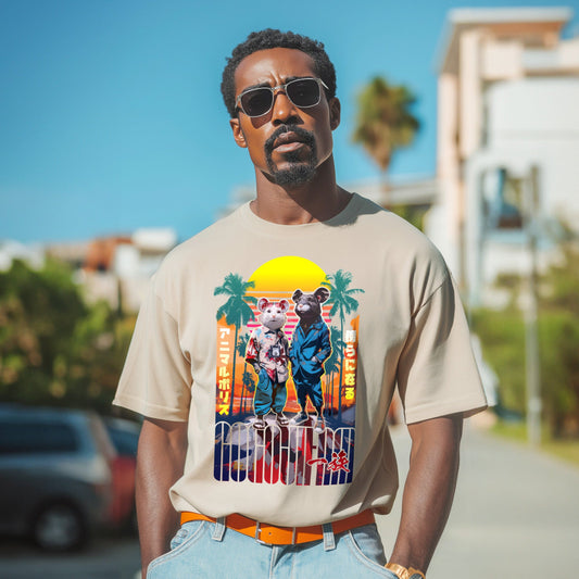 Sandfarbenes T-Shirt von GOGOJIFAM mit dem Motiv MICE VICE: Zwei Cop-Mäuse im realistischen Manga-Stil tragen Hawaiihemd und Anzug – eine Hommage an Miami Vice. Souverän und cool sind sie im Einsatz gegen die illegale Tierausbeutung. Das fantasievolle Design setzt ein kreatives Zeichen für Umwelt- und Tierschutz und macht auf den Kampf der Tiere um ihre Existenz aufmerksam.