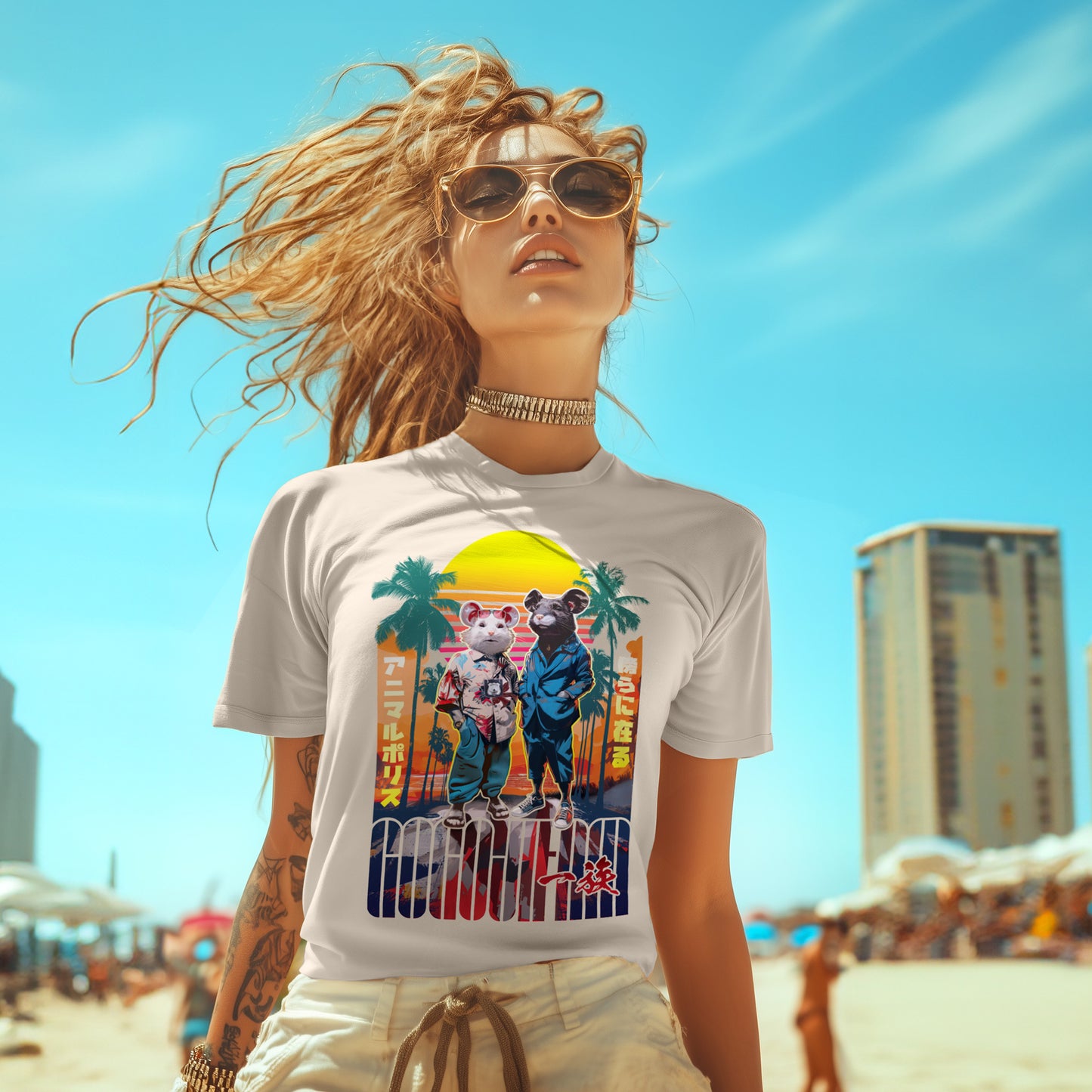 Sandfarbenes T-Shirt von GOGOJIFAM mit dem Motiv MICE VICE: Zwei Cop-Mäuse im realistischen Manga-Stil tragen Hawaiihemd und Anzug – eine Hommage an Miami Vice. Souverän und cool sind sie im Einsatz gegen die illegale Tierausbeutung. Das fantasievolle Design setzt ein kreatives Zeichen für Umwelt- und Tierschutz und macht auf den Kampf der Tiere um ihre Existenz aufmerksam.