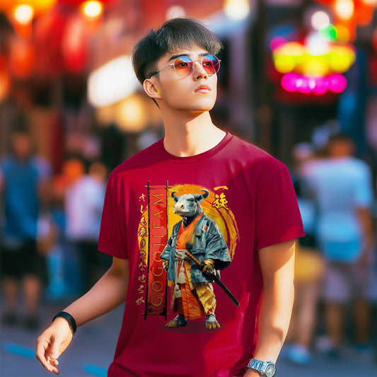 Kardinalrotes T-Shirt von GOGOJIFAM mit dem Motiv MINOTAUR: Ein Minotaurus im realistischen Manga-Stil trägt einen Haut Couture Kimono und hält sein Katana griffbereit. Entschlossen und kampfbereit verkörpert er den Widerstand der Tiere gegen ihre Bedrohung. Das fantasievolle Design setzt ein kreatives Zeichen für Umwelt- und Tierschutz und macht auf den Kampf der Tiere um ihre Existenz aufmerksam.