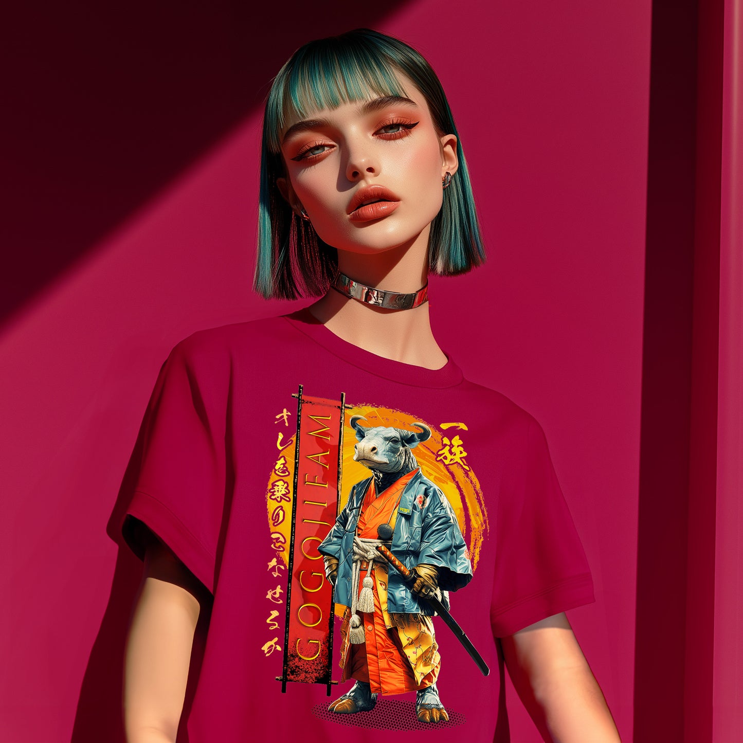 Kardinalrotes T-Shirt von GOGOJIFAM mit dem Motiv MINOTAUR: Ein Minotaurus im realistischen Manga-Stil trägt einen Haut Couture Kimono und hält sein Katana griffbereit. Entschlossen und kampfbereit verkörpert er den Widerstand der Tiere gegen ihre Bedrohung. Das fantasievolle Design setzt ein kreatives Zeichen für Umwelt- und Tierschutz und macht auf den Kampf der Tiere um ihre Existenz aufmerksam.