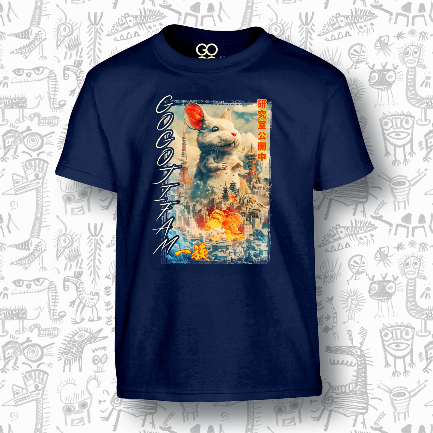 Navy blaues T-Shirt für Kids von GOGOJIFAM mit dem Motiv LAB MOUSE: Frisch aus dem Labor ausgebrochen stampft eine mutierte Riesenmaus durch Tokyo. Das kraftvolle, im realistischen Manga-Stil gehaltene Design steht sinnbildlich für den Kampf der Tiere um ihre Existenz und setzt ein kreatives Zeichen für Umwelt- und Tierschutz.