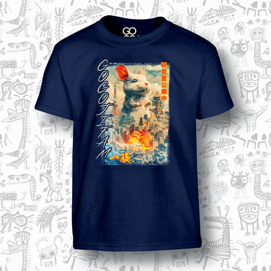 Navy blaues T-Shirt für Kids von GOGOJIFAM mit dem Motiv LAB MOUSE: Frisch aus dem Labor ausgebrochen stampft eine mutierte Riesenmaus durch Tokyo. Das kraftvolle, im realistischen Manga-Stil gehaltene Design steht sinnbildlich für den Kampf der Tiere um ihre Existenz und setzt ein kreatives Zeichen für Umwelt- und Tierschutz.