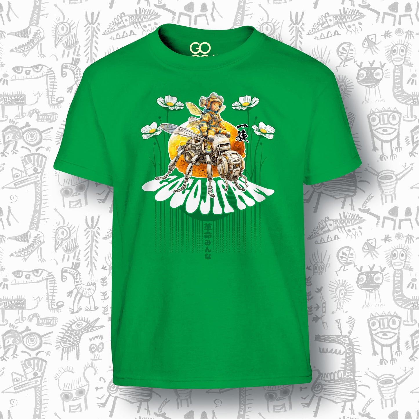 Grünes T-Shirt für Kids von GOGOJIFAM mit dem Motiv ARCHY: Das Wunderkind Archimedes der Däumling sitzt in Pilotenmontur auf einer Robo-Biene. Das ausdrucksstarke Design im Manga-Stil betont die notwendige Allianz zwischen Mensch Tier und Maschine, um den Kampf für gefährdete Arten aufzunehmen und ein kraftvolles Zeichen für Umweltbewusstsein und Tierschutz zu setzen.
