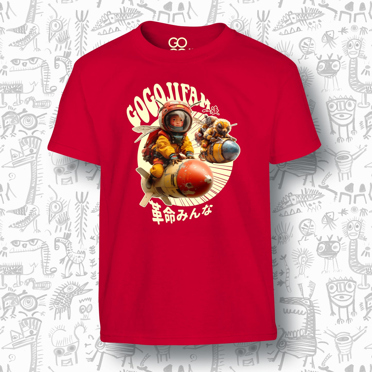 Rotes T-Shirt für Kids von GOGOJIFAM mit dem Motiv BOMBER BEE: Ein Däumling-Kind und eine Biene in Pilotenmontur reiten nebeneinander auf fliegenden Bomben. Das ausdrucksstarke Design im Manga-Stil betont die notwendige Allianz zwischen Mensch und Tier, um den Kampf für gefährdete Arten aufzunehmen und ein kraftvolles Zeichen für Umweltbewusstsein und Tierschutz zu setzen.