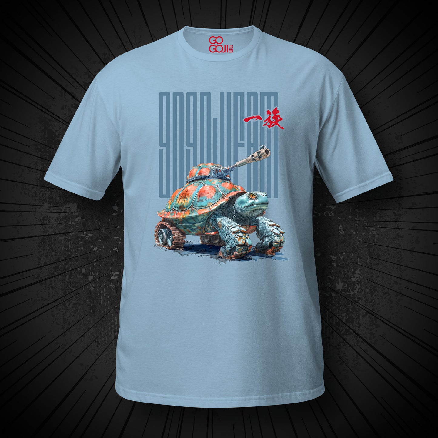 Hellblaues T-Shirt von GOGOJIFAM mit dem Motiv TANK TURTLE: Eine Schildkröte als lebender Kampfpanzer im realistischen Manga-Stil. Das kraftvolle Design steht sinnbildlich für den Kampf der Tiere um ihre Existenz und setzt ein kreatives Zeichen für Umwelt- und Tierschutz.