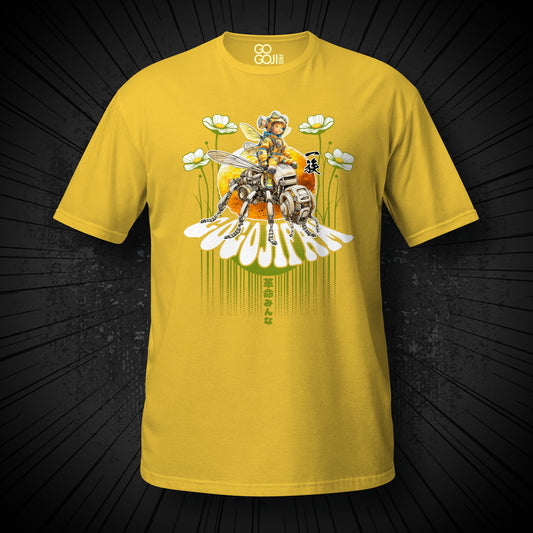 Gelbes T-Shirt von GOGOJIFAM mit dem Motiv ARCHY: Das Wunderkind Archimedes der Däumling sitzt in Pilotenmontur auf einer Robo-Biene. Das ausdrucksstarke Design im Manga-Stil betont die notwendige Allianz zwischen Mensch Tier und Maschine, um den Kampf für gefährdete Arten aufzunehmen und ein kraftvolles Zeichen für Umweltbewusstsein und Tierschutz zu setzen.