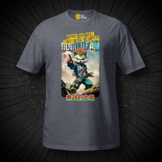 Dunkles Heidekraut-farbenes T-Shirt von GOGOJIFAM mit dem Motiv IGGY: Ein Igel-Punk demonstriert für mehr Lebensraum für seine Artgenossen. Er hebt drohend den Zeigefinger und hält einen Pflasterstein, bereit zur Randale. Das fantasievolle Design im Manga-Stil setzt ein kreatives Zeichen für Umwelt- und Tierschutz und macht auf den Existenzkampf der Tiere aufmerksam.