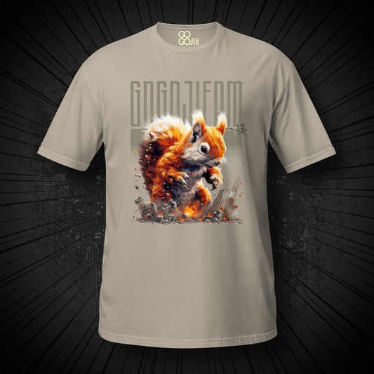 Sandfarbenes T-Shirt von GOGOJIFAM mit dem Motiv MUTANT EICHI: Ein riesiges, niedliches Eichhörnchen im realistischen Manga-Stil stampft durch eine Großstadt. Das kraftvolle Design steht sinnbildlich für den Kampf der Tiere um ihre Existenz und setzt ein kreatives Zeichen für Umwelt- und Tierschutz.
