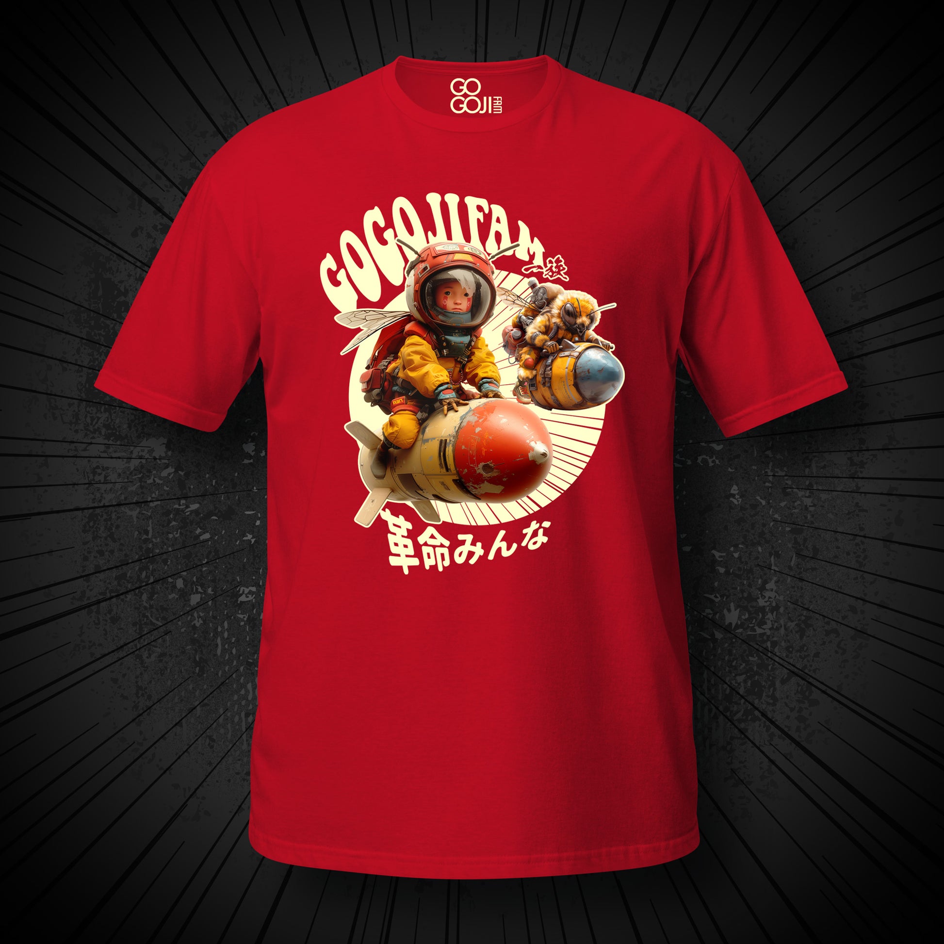 Rotes T-Shirt von GOGOJIFAM mit dem Motiv BOMBER BEE: Ein Däumling-Kind und eine Biene in Pilotenmontur reiten nebeneinander auf fliegenden Bomben. Das ausdrucksstarke Design im Manga-Stil betont die notwendige Allianz zwischen Mensch und Tier, um den Kampf für gefährdete Arten aufzunehmen und ein kraftvolles Zeichen für Umweltbewusstsein und Tierschutz zu setzen.
