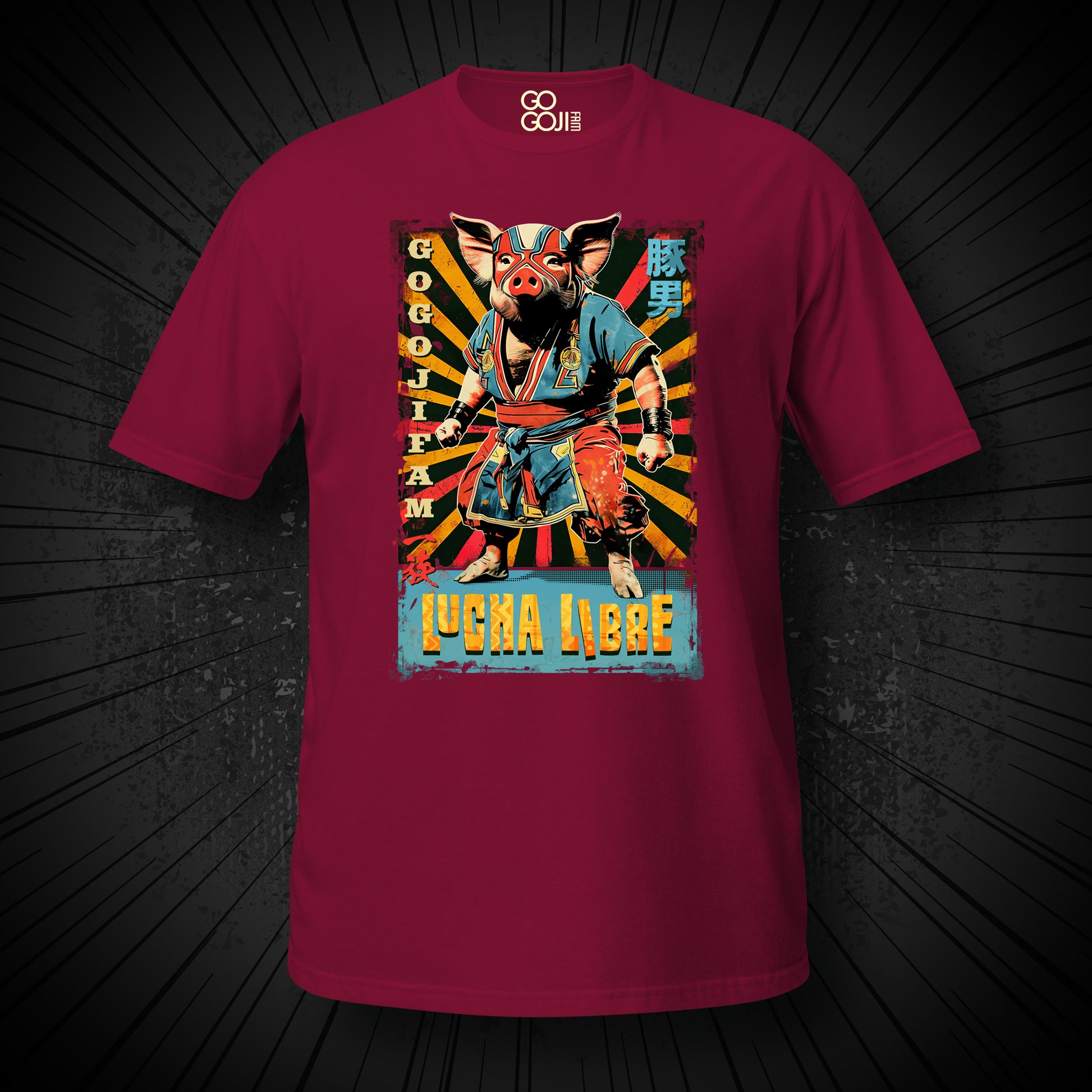 Kardinalrotes T-Shirt von GOGOJIFAM mit dem Motiv WRESTLER “THE PIGMAN“: Ein Wrestling-Schwein im realistischen Manga-Stil trägt einen farbigen Kimono und eine und Lucha Libre Maske. Entschlossen und kampfbereit verkörpert er den Widerstand der Tiere gegen ihre Bedrohung. Das fantasievolle Design setzt ein kreatives Zeichen für Umwelt- und Tierschutz und macht auf den Kampf der Tiere um ihre Existenz aufmerksam.