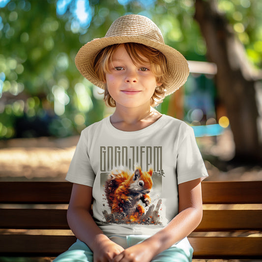 Sandfarbenes T-Shirt für Kids von GOGOJIFAM mit dem Motiv MUTANT EICHI: Ein riesiges, niedliches Eichhörnchen im realistischen Manga-Stil stampft durch eine Großstadt. Das kraftvolle Design steht sinnbildlich für den Kampf der Tiere um ihre Existenz und setzt ein kreatives Zeichen für Umwelt- und Tierschutz.