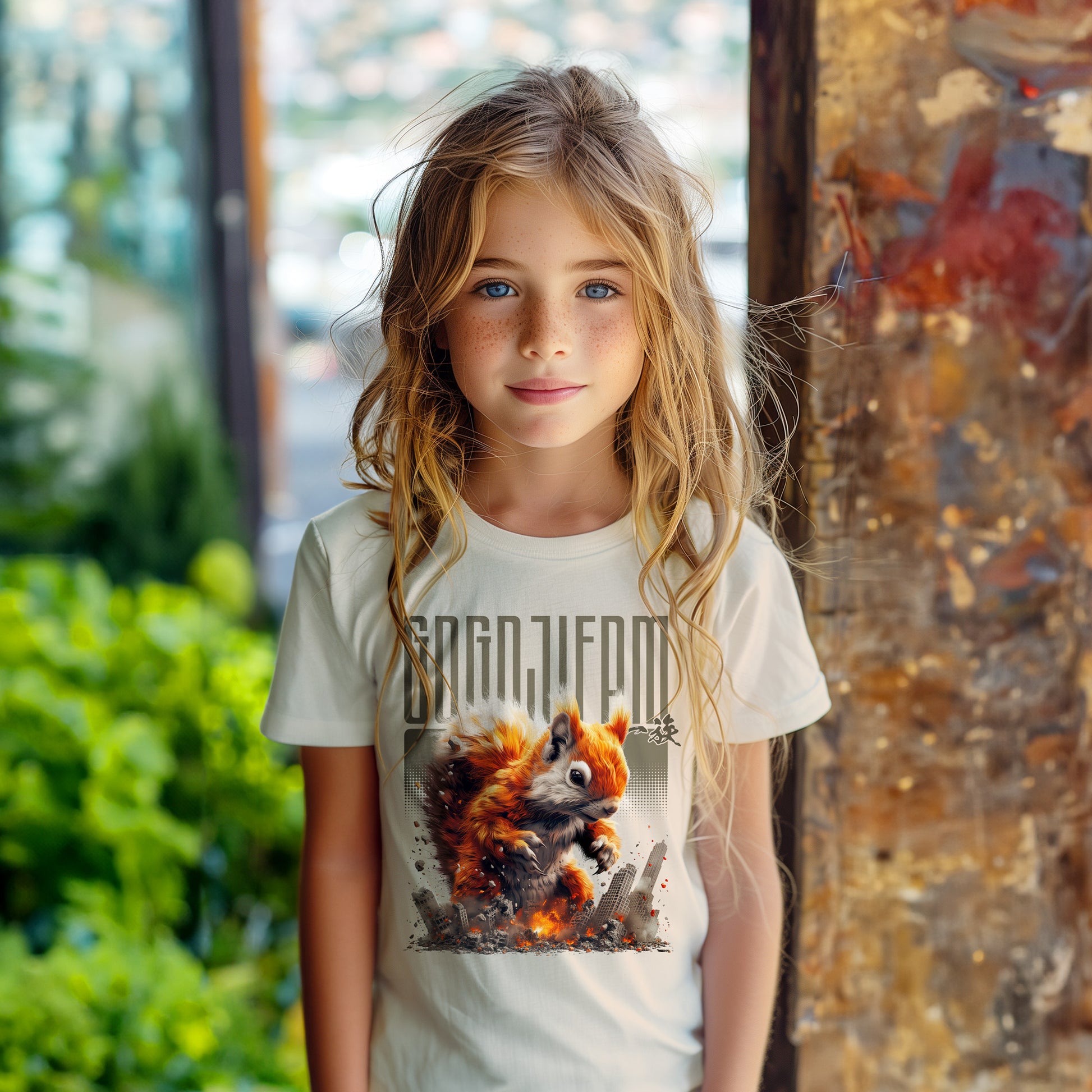 Sandfarbenes T-Shirt für Kids von GOGOJIFAM mit dem Motiv MUTANT EICHI: Ein riesiges, niedliches Eichhörnchen im realistischen Manga-Stil stampft durch eine Großstadt. Das kraftvolle Design steht sinnbildlich für den Kampf der Tiere um ihre Existenz und setzt ein kreatives Zeichen für Umwelt- und Tierschutz.