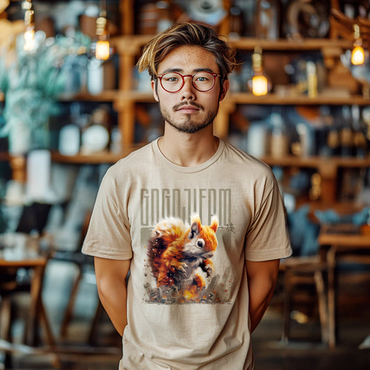 Sandfarbenes T-Shirt von GOGOJIFAM mit dem Motiv MUTANT EICHI: Ein riesiges, niedliches Eichhörnchen im realistischen Manga-Stil stampft durch eine Großstadt. Das kraftvolle Design steht sinnbildlich für den Kampf der Tiere um ihre Existenz und setzt ein kreatives Zeichen für Umwelt- und Tierschutz.
