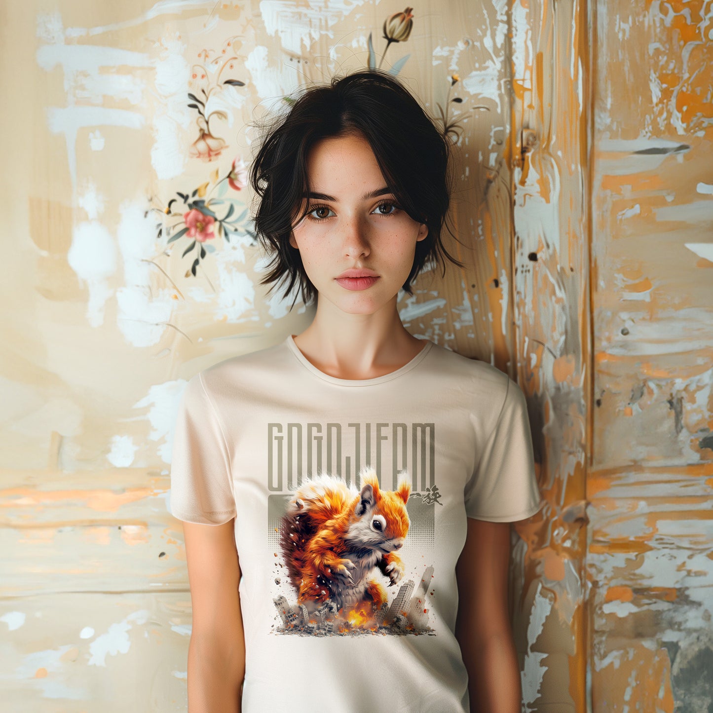 Sandfarbenes T-Shirt von GOGOJIFAM mit dem Motiv MUTANT EICHI: Ein riesiges, niedliches Eichhörnchen im realistischen Manga-Stil stampft durch eine Großstadt. Das kraftvolle Design steht sinnbildlich für den Kampf der Tiere um ihre Existenz und setzt ein kreatives Zeichen für Umwelt- und Tierschutz.