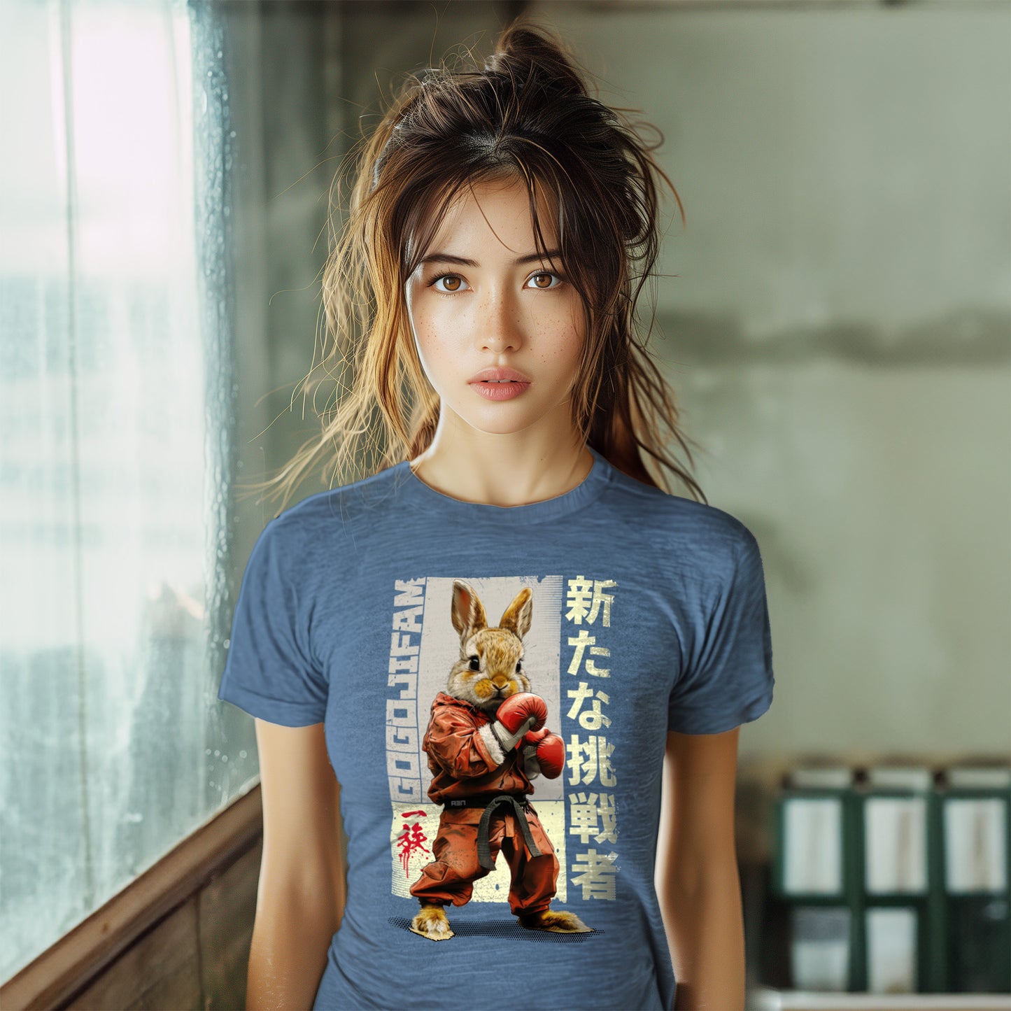 Heather Navy-farbenes T-Shirt von GOGOJIFAM mit dem Motiv NEW CHALLENGER RABBIT: Ein Karate-Hase im realistischen Manga-Stil trägt einen roten Kimono und Boxhandschuhe. Entschlossen und kampfbereit verkörpert er den Widerstand der Tiere gegen ihre Bedrohung. Das fantasievolle Design setzt ein kreatives Zeichen für Umwelt- und Tierschutz und macht auf den Kampf der Tiere um ihre Existenz aufmerksam.