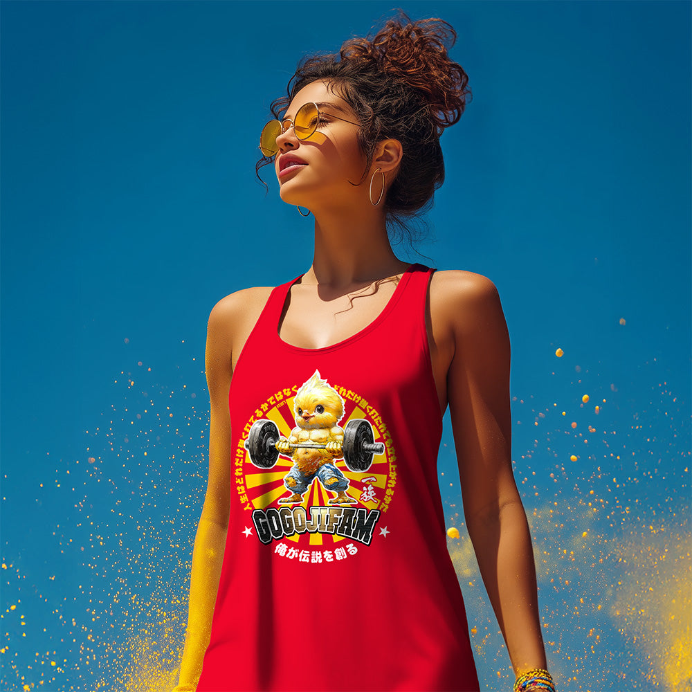 Rotes Tanktop von GOGOJIFAM mit dem Motiv PUMPIN CHIC: Ein kleines, aber muskulöses Küken stemmt entschlossen die Langhantel. Das ausdrucksstarke Design im Manga-Stil erinnert an ein Gym-Club-Logo und inspiriert dazu, über den eigenen Schatten zu springen. Zugleich setzt das Motiv ein augenzwinkerndes Statement für Umwelt- und Tierschutz.