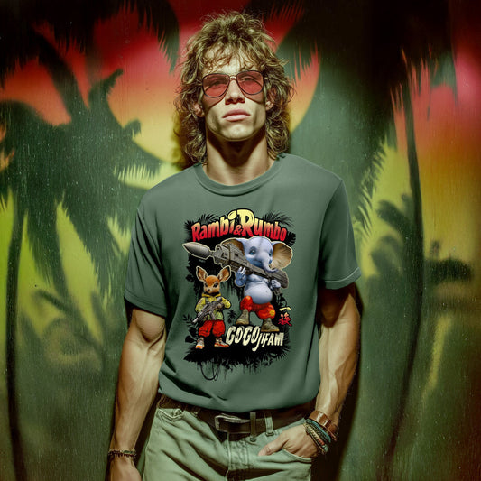 Militärgrünes T-Shirt von GOGOJIFAM mit dem Motiv RAMBI & RUMBO: Ein Reh und ein Elefant brechen auf zur bewaffneten Befreiungsmission. Das Design im Comic-Realismus nimmt die Doppelmoral der Entertainment-Industrie ins Visier - zwischen Glanz, Gewalt und Greenwashing. Das ungleiche Duo steht für Zusammenhalt, Widerstand mit Stil und ein augenzwinkerndes Statement für Umwelt- und Tierschutz.