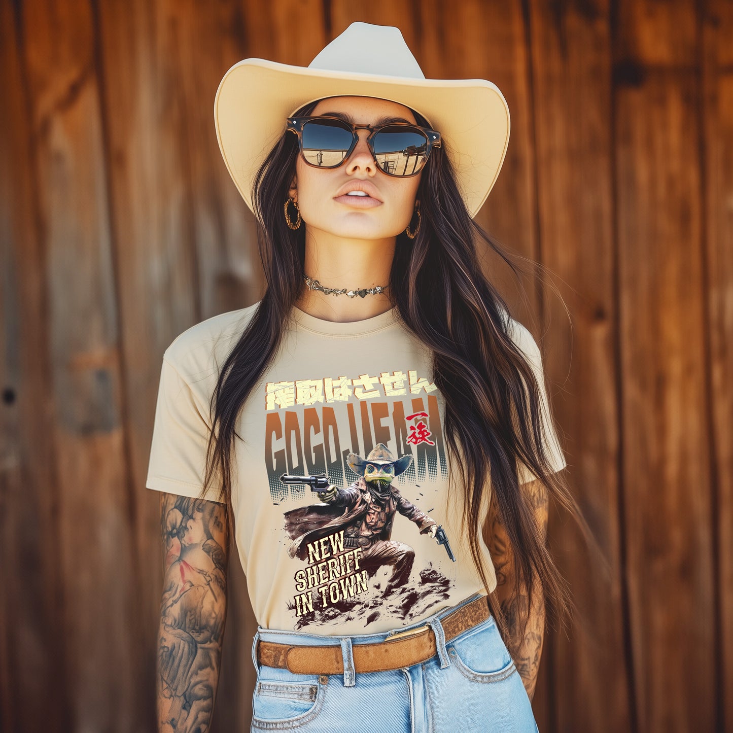 Sandfarbenes T-Shirt von GOGOJIFAM mit dem Motiv SHERIFF: Ein Sheriff-Gecko im realistischen Manga-Stil richtet seinen Colt in dynamischer Pose direkt auf den Betrachter. Das kraftvolle Design steht sinnbildlich für Gerechtigkeit gegenüber Tieren und setzt ein kreatives Zeichen für Umwelt- und Tierschutz.
