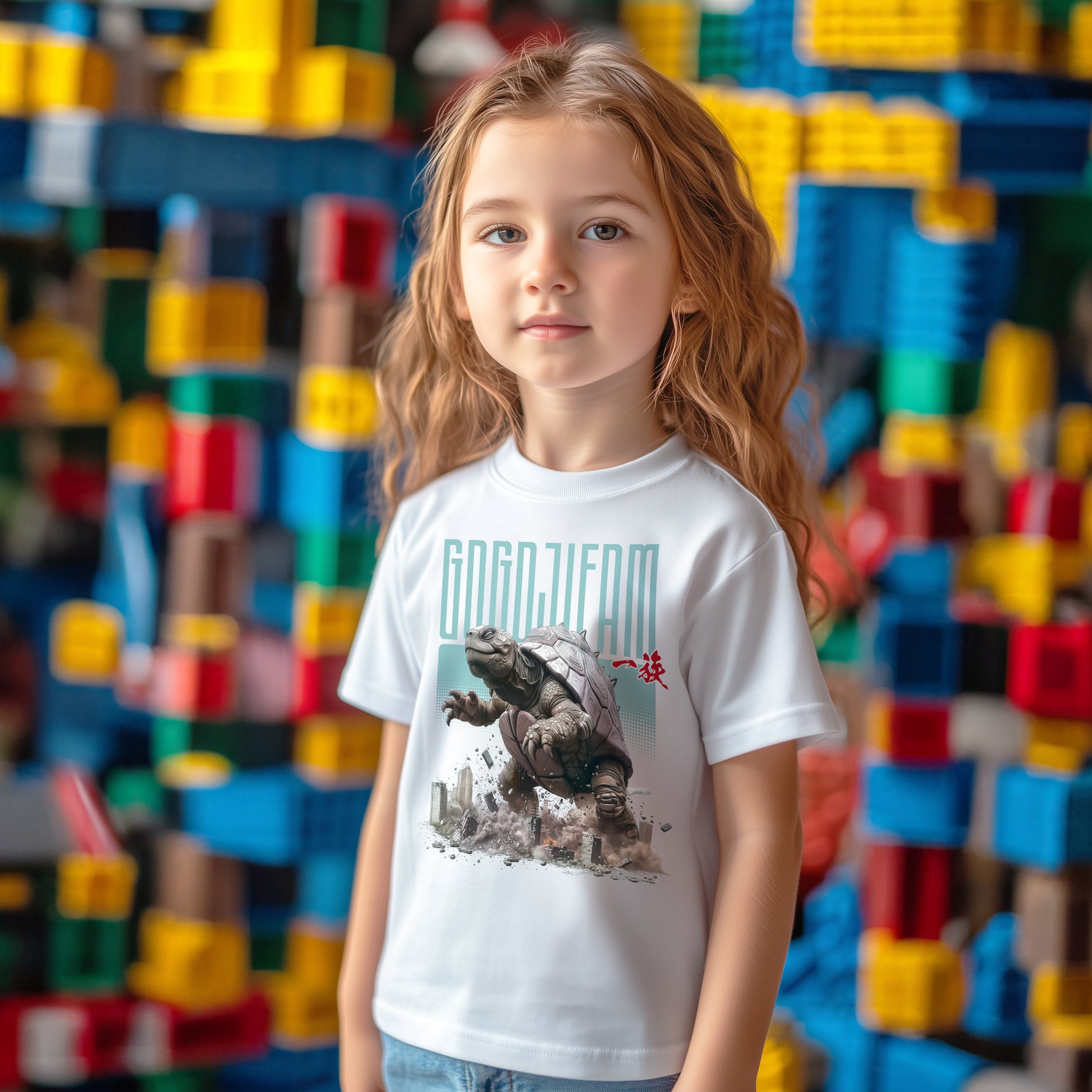 Weißes T-Shirt für Kids von GOGOJIFAM mit dem Motiv STUMPER TURTLE: Eine gigantische Schildkröte im realistischen Manga-Stil stampft durch eine Großstadt. Das kraftvolle Design steht sinnbildlich für den Kampf der Tiere um ihre Existenz und setzt ein kreatives Zeichen für Umwelt- und Tierschutz.