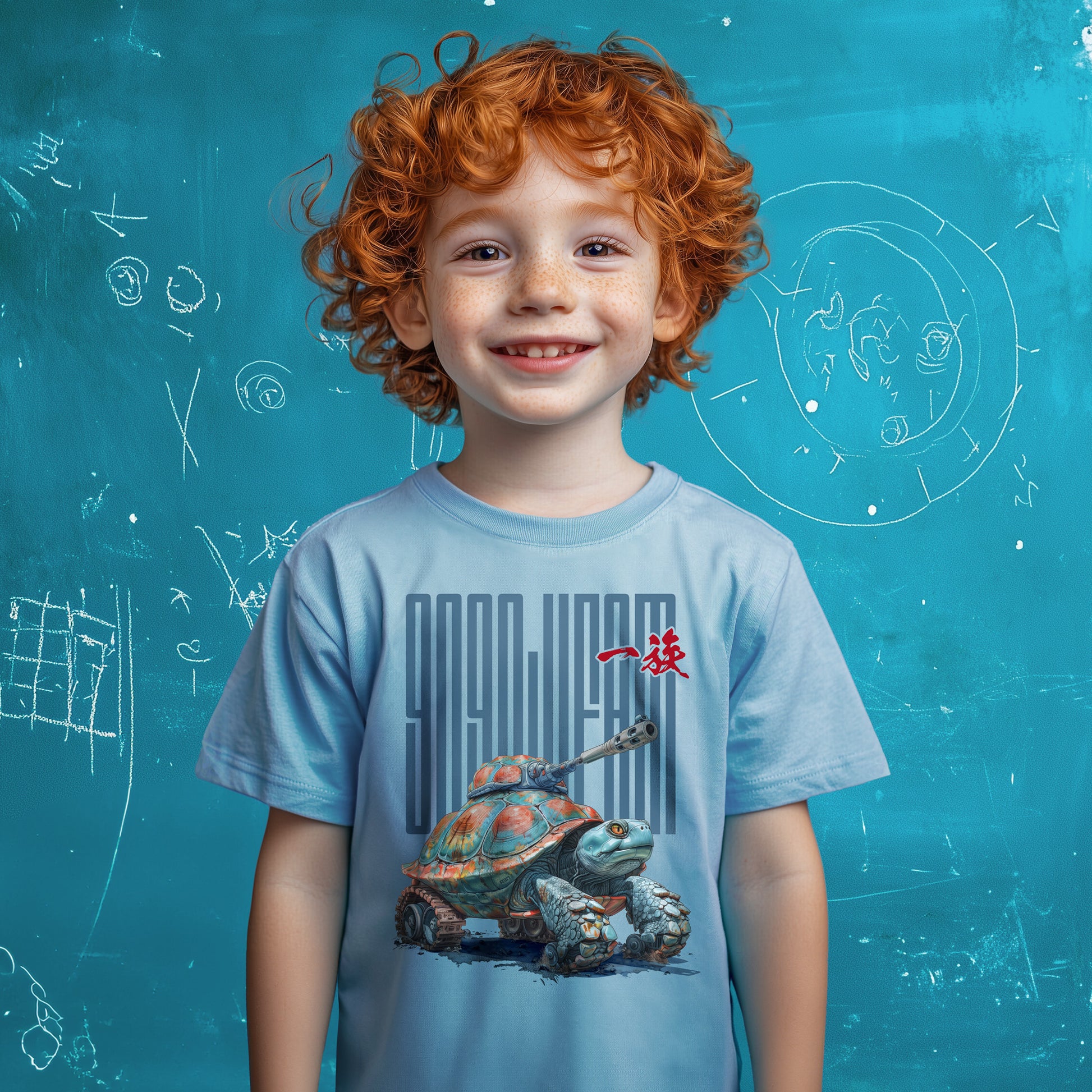 Hellblaues T-Shirt für Kids von GOGOJIFAM mit dem Motiv TANK TURTLE: Eine Schildkröte als lebender Kampfpanzer im realistischen Manga-Stil. Das kraftvolle Design steht sinnbildlich für den Kampf der Tiere um ihre Existenz und setzt ein kreatives Zeichen für Umwelt- und Tierschutz.