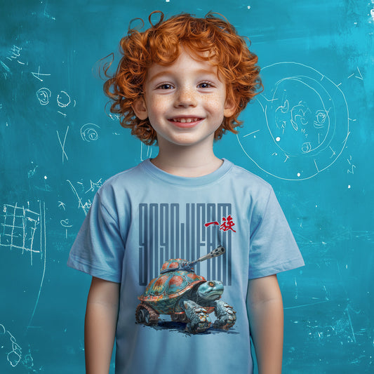 Hellblaues T-Shirt für Kids von GOGOJIFAM mit dem Motiv TANK TURTLE: Eine Schildkröte als lebender Kampfpanzer im realistischen Manga-Stil. Das kraftvolle Design steht sinnbildlich für den Kampf der Tiere um ihre Existenz und setzt ein kreatives Zeichen für Umwelt- und Tierschutz.