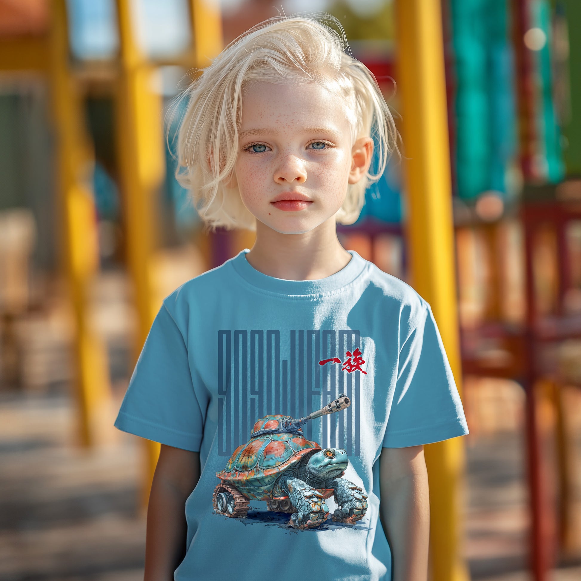 Hellblaues T-Shirt für Kids von GOGOJIFAM mit dem Motiv TANK TURTLE: Eine Schildkröte als lebender Kampfpanzer im realistischen Manga-Stil. Das kraftvolle Design steht sinnbildlich für den Kampf der Tiere um ihre Existenz und setzt ein kreatives Zeichen für Umwelt- und Tierschutz.