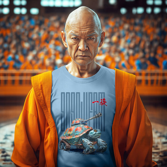 Hellblaues T-Shirt von GOGOJIFAM mit dem Motiv TANK TURTLE: Eine Schildkröte als lebender Kampfpanzer im realistischen Manga-Stil. Das kraftvolle Design steht sinnbildlich für den Kampf der Tiere um ihre Existenz und setzt ein kreatives Zeichen für Umwelt- und Tierschutz.