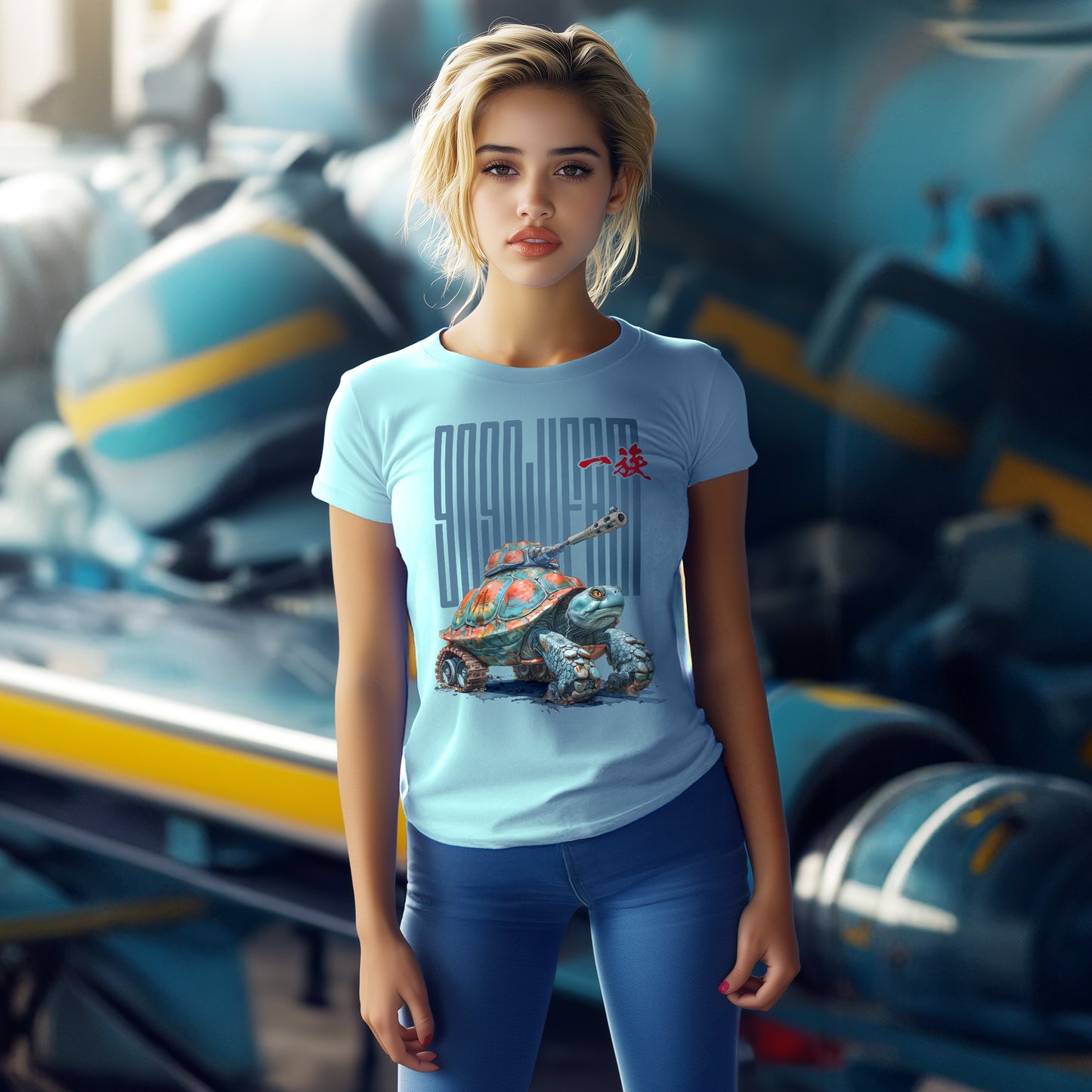 Hellblaues T-Shirt von GOGOJIFAM mit dem Motiv TANK TURTLE: Eine Schildkröte als lebender Kampfpanzer im realistischen Manga-Stil. Das kraftvolle Design steht sinnbildlich für den Kampf der Tiere um ihre Existenz und setzt ein kreatives Zeichen für Umwelt- und Tierschutz.