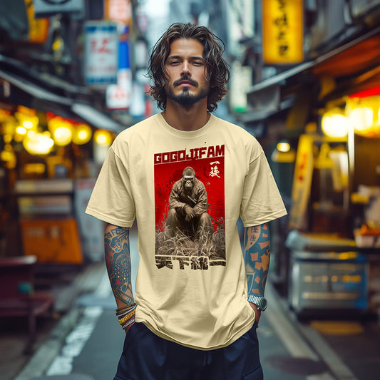 Naturalfarbenes T-Shirt von GOGOJIFAM mit dem Motiv WORLD EMPEROR: Ein verwegener Gorilla-Samurai im realistischen Manga-Stil sitzt majestätisch im hohen Gras. Das kraftvolle Design steht sinnbildlich für den Widerstand der Tiere und die Rückeroberung ihres Lebensraums, der rechtmäßig allen Lebewesen gehört.