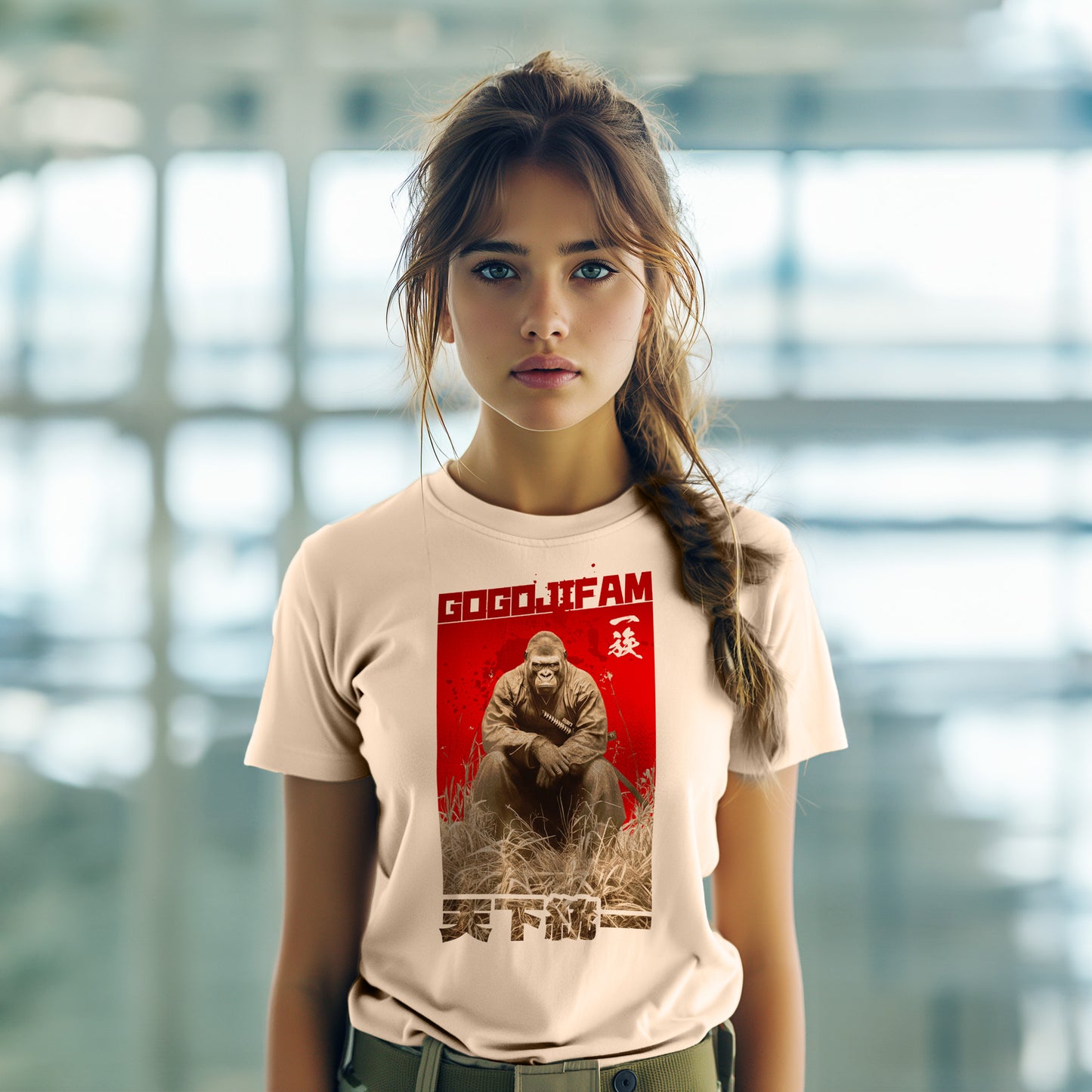 Natur beiges T-Shirt von GOGOJIFAM mit dem Motiv WORLD EMPEROR: Ein verwegener Gorilla-Samurai im realistischen Manga-Stil sitzt majestätisch im hohen Gras. Das kraftvolle Design steht sinnbildlich für den Widerstand der Tiere und die Rückeroberung ihres Lebensraums, der rechtmäßig allen Lebewesen gehört.