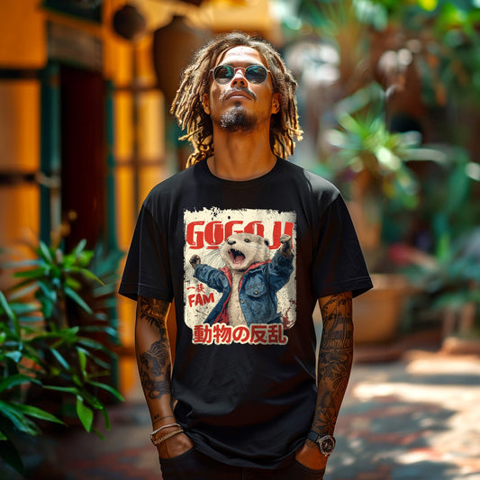 Schwarzes T-Shirt von GOGOJIFAM mit dem Motiv ANIMAL REBELLION: Ein rebellischer Biber in Jeansjacke streckt kämpferisch die Fäuste in die Luft – bereit, die Revolution der Tiere anzuführen. Das ausdrucksstarke Design im Manga-Stil steht sinnbildlich für ihren Widerstand gegen Umweltzerstörung und setzt ein kraftvolles Zeichen für Tierschutz und Artenvielfalt.