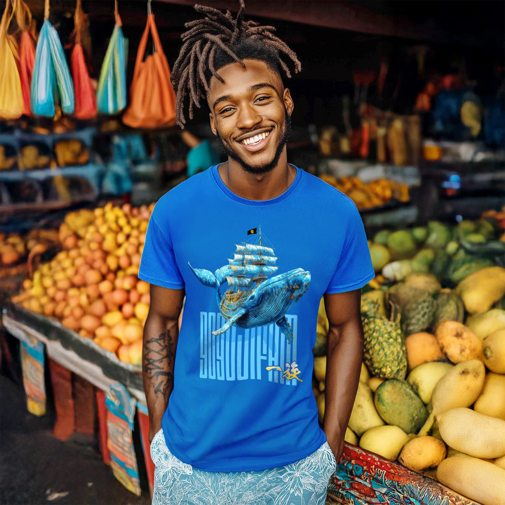 Königsblaues T-Shirt von GOGOJIFAM mit dem Motiv FREEBUTER WILLY: Ein Wal, verschmolzen mit einem Piratenschiff. Bereit, das Recht auf Leben zurückzuerobern. Das kraftvolle Design im gemalten Comic-Realismus verbindet den Existenzkampf der Tiere mit rebellischer Energie und setzt ein kreatives Zeichen für Umwelt- und Tierschutz.